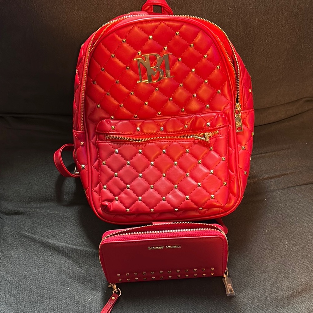 Red Quilted Backpack and Wallet Set Bradley Mischka